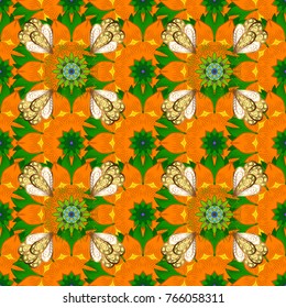 3d flowers, seamless. Vector illustration. On orange, green and yellow colors.