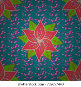 3d flowers, seamless. Vector illustration. On blue, pink and green colors.