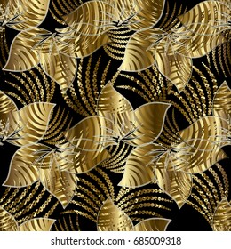 3d flowers vintage seamless pattern. Floral black background wallpaper illustration with gold surface abstract flowers, swirl lines, circles and geometric line art tracery ornaments. Vector 3d texture