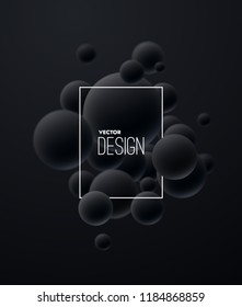 3d Flowing Black Spheres. Vector Abstract Illustration Of Black Balls Cluster. Modern Trendy Concept. Dynamic Decoration Element. Futuristic Poster Or Cover Design