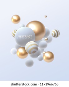 3d Flowing Spheres. Vector Abstract Illustration Of White And Golden Balls Cluster. Modern Trendy Concept. Dynamic Decoration Element. Futuristic Poster Or Cover Design