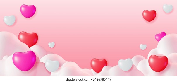 3D Fluffy Cartoon Clouds with Red and White Hearts on Pink Background. Valentine Day, Birthday Card, Product Display Presentation Advertisement. Realistic Vector Illustration