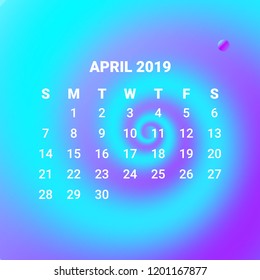 3D Fluid colorful liquid Calendar 2019, April month concept design. Creative Design Template with abstract gradient shapes composition. Futuristic Minimal cover template calendar design. Vector