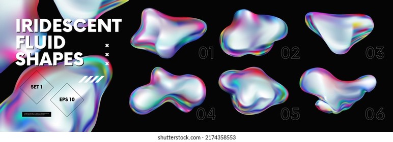 3d Fluid holographic iridescent shapes  abstract colorful bright liquid amorphous rainbow bubbles  fluorescent chameleon gradient vector elements various forms  set 1