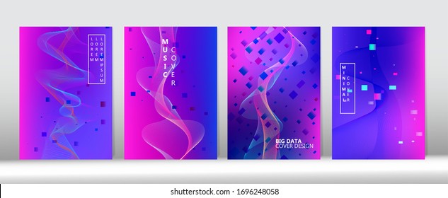 3D Fluid Shapes Music Cover Layout. Colorful Computing Music Wallpaper Modern Covers Set. Equalizer Gradient Overlay. Purple Pink Blue Cyber Vector Cover Design. Big Data Neon Tech Background.