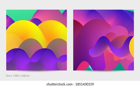 3D fluid wavy shape. Bright cloudy futuristic background. Vibrant gradient flow in abstract music sound waves. Dynamic liquid texture. Creative vector template for trendy post design.