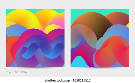 3D fluid wavy shape. Bright cloudy futuristic background. Vibrant gradient flow in abstract music sound waves. Dynamic liquid texture. Creative vector template for trendy post design.