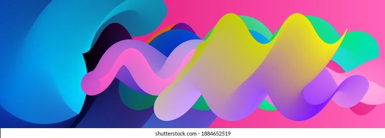 3D fluid wavy shape. Bright cloudy futuristic background. Vibrant gradient flow in abstract music sound waves. Dynamic liquid texture. Creative vector template for trendy cover design.