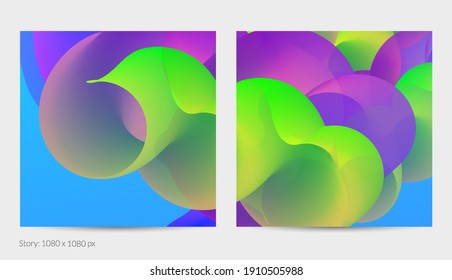 3D fluid wavy shape. Bright cloudy futuristic background. Vibrant gradient flow in abstract music sound waves. Dynamic liquid texture. Creative vector template for trendy post design.