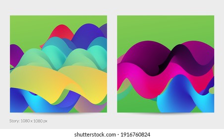 3D fluid wavy shape. Bright cloudy futuristic background. Vibrant gradient flow in abstract music sound waves. Dynamic liquid texture. Creative vector template for trendy post design.