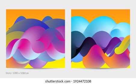 3D fluid wavy shape. Bright cloudy futuristic background. Vibrant gradient flow in abstract music sound waves. Dynamic liquid texture. Creative vector template for trendy post design.