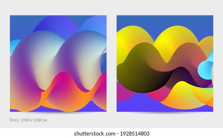 Forma ondulada del fluido 3D. Luminoso fondo futurista nublado. El gradiente vibrante fluye en ondas de sonido de música abstractas. Textura líquida dinámica. Plantilla vectorial creativa para diseño de post de moda.
