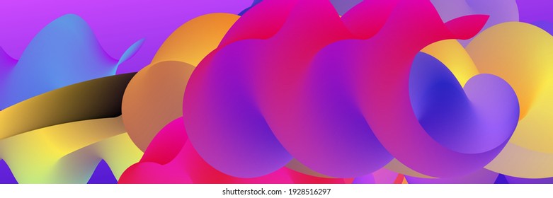 3D fluid wavy shape. Bright cloudy futuristic background. Vibrant gradient flow in abstract music sound waves. Dynamic liquid texture. Creative vector template for trendy cover design.
