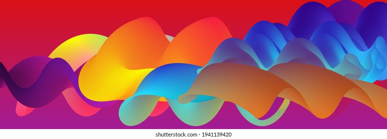 3D fließende Form. Hellbewölkter futuristischer Hintergrund. Lebhafter Farbverlauf-Fluss in abstrakten Musik-Schallwellen. Dynamische flüssige Textur. Kreative Vektorvorlage für trendige Cover-Designs.