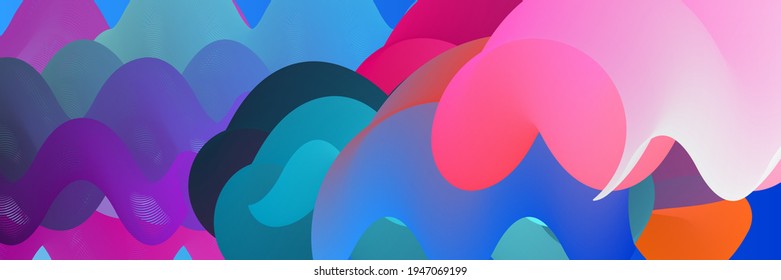 3D fluid wavy shape. Bright cloudy futuristic background. Vibrant gradient flow in abstract music sound waves. Dynamic liquid texture. Creative vector template for trendy cover design.