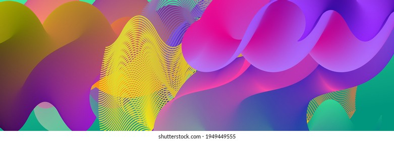 3D fluid wavy shape. Bright cloudy futuristic background. Vibrant gradient flow in abstract music sound waves. Dynamic liquid texture. Creative vector template for trendy cover design.