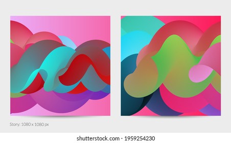 3D fluid wavy shape. Bright cloudy futuristic background. Vibrant gradient flow in abstract music sound waves. Dynamic liquid texture. Creative vector template for trendy post design.