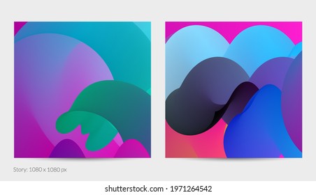 3D fluid wavy shape. Bright cloudy futuristic background. Vibrant gradient flow in abstract music sound waves. Dynamic liquid texture. Creative vector template for trendy post design.