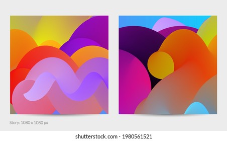 3D fluid wavy shape. Bright cloudy futuristic background. Vibrant gradient flow in abstract music sound waves. Dynamic liquid texture. Creative vector template for trendy post design.