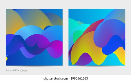 Forma ondulada del fluido 3D. Luminoso fondo futurista nublado. El gradiente vibrante fluye en ondas de sonido de música abstractas. Textura líquida dinámica. Plantilla vectorial creativa para diseño de post de moda.