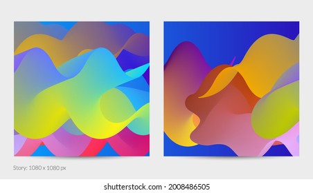 Forma ondulada del fluido 3D. Luminoso fondo futurista nublado. El gradiente vibrante fluye en ondas de sonido de música abstractas. Textura líquida dinámica. Plantilla vectorial creativa para diseño de post de moda.