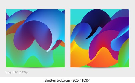 Forma ondulada del fluido 3D. Luminoso fondo futurista nublado. El gradiente vibrante fluye en ondas de sonido de música abstractas. Textura líquida dinámica. Plantilla vectorial creativa para diseño de post de moda.