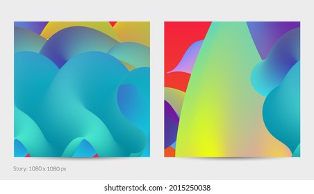 Forma ondulada del fluido 3D. Luminoso fondo futurista nublado. El gradiente vibrante fluye en ondas de sonido de música abstractas. Textura líquida dinámica. Plantilla vectorial creativa para diseño de post de moda.