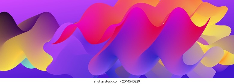 3D fluid wavy shape. Bright cloudy futuristic background. Vibrant gradient flow in abstract music sound waves. Dynamic liquid texture. Creative vector template for trendy cover design.