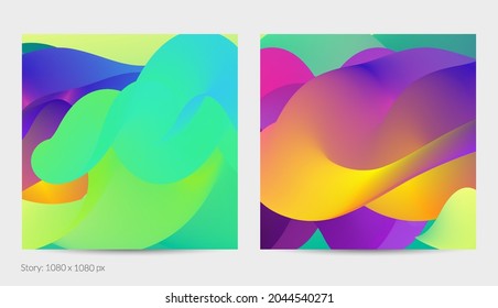 3D fluid wavy shape. Bright cloudy futuristic background. Vibrant gradient flow in abstract music sound waves. Dynamic liquid texture. Creative vector template for trendy post design.