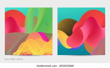 3D fluid wavy shape. Bright cloudy futuristic background. Vibrant gradient flow in abstract music sound waves. Dynamic liquid texture. Creative vector template for trendy post design.