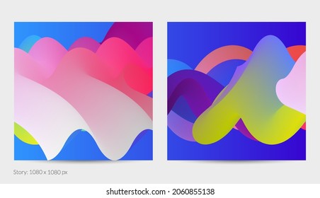 Forma ondulada del fluido 3D. Luminoso fondo futurista nublado. El gradiente vibrante fluye en ondas de sonido de música abstractas. Textura líquida dinámica. Plantilla vectorial creativa para diseño de post de moda.