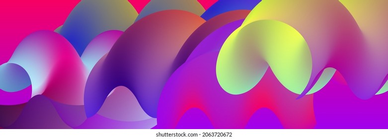 3D fluid wavy shape. Bright cloudy futuristic background. Vibrant gradient flow in abstract music sound waves. Dynamic liquid texture. Creative vector template for trendy cover design.
