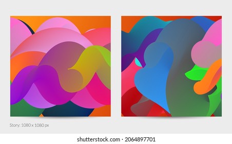 3D fluid wavy shape. Bright cloudy futuristic background. Vibrant gradient flow in abstract music sound waves. Dynamic liquid texture. Creative vector template for trendy post design.