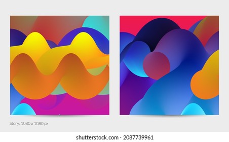 3D fluid wavy shape. Bright cloudy futuristic background. Vibrant gradient flow in abstract music sound waves. Dynamic liquid texture. Creative vector template for trendy post design.