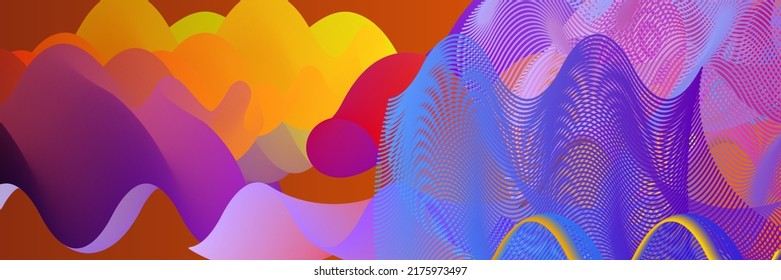 3D fluid wavy shape. Bright cloudy futuristic background. Vibrant gradient flow in abstract music sound waves. Dynamic liquid texture. Creative vector template for trendy cover design.