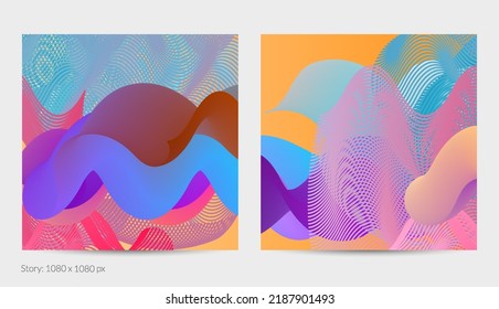 3D fluid wavy shape. Bright cloudy futuristic background. Vibrant gradient flow in abstract music sound waves. Dynamic liquid texture. Creative vector template for trendy post design.
