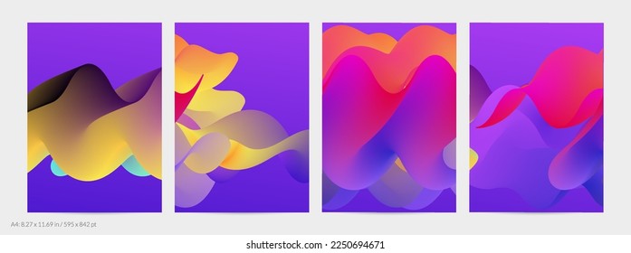 Forma ondulada del fluido 3D. Luminoso fondo futurista nublado. El gradiente vibrante fluye en ondas de sonido de música abstractas. Textura líquida dinámica. Plantilla vectorial creativa para diseño de volante de moda.