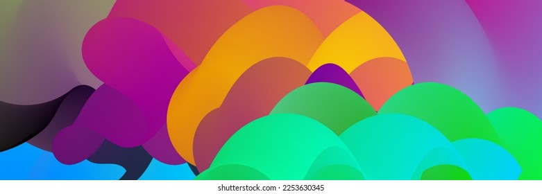 3D fluid wavy shape. Bright cloudy futuristic background. Vibrant gradient flow in abstract music sound waves. Dynamic liquid texture. Creative vector template for trendy cover design.