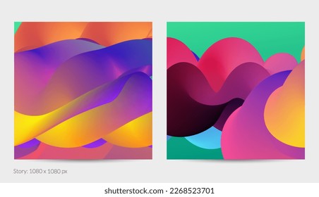 Forma ondulada del fluido 3D. Luminoso fondo futurista nublado. El gradiente vibrante fluye en ondas de sonido de música abstractas. Textura líquida dinámica. Plantilla vectorial creativa para diseño de post de moda.