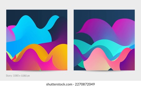Forma ondulada del fluido 3D. Luminoso fondo futurista nublado. El gradiente vibrante fluye en ondas de sonido de música abstractas. Textura líquida dinámica. Plantilla vectorial creativa para diseño de post de moda.