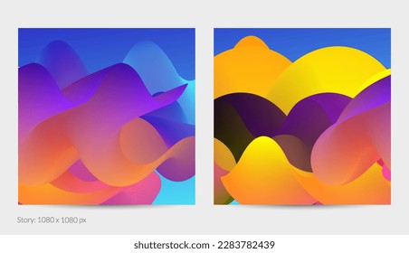Forma ondulada del fluido 3D. Luminoso fondo futurista nublado. El gradiente vibrante fluye en ondas de sonido de música abstractas. Textura líquida dinámica. Plantilla vectorial creativa para diseño de post de moda.