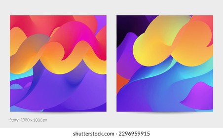 3D fluid wavy shape. Bright cloudy futuristic background. Vibrant gradient flow in abstract music sound waves. Dynamic liquid texture. Creative vector template for trendy post design.
