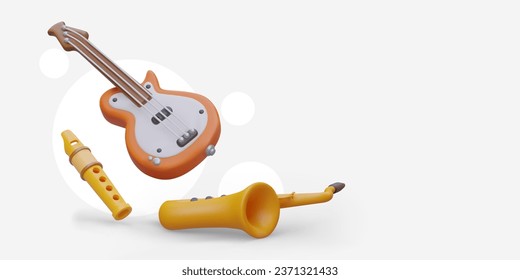 3d flute, saxophone, guitar. Musical instruments of different types. Cheerful vector poster. Concept of holiday, concert. Advertising of music school, club