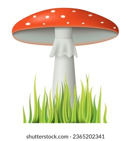 3D fly agaric. Mushroom icon set. Mushroom with grass  isolated on white background.