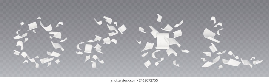 3d fly paper sheet. White document fall vector. Isolated realistic letter for note flight on wind on transparent background. Blank paperwork falling mockup set. Clear report scattered with curl corner