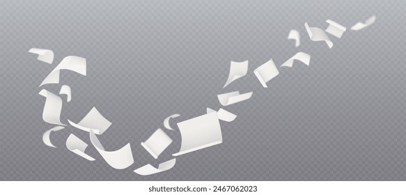 3d fly paper sheet. White page fall swirl on wind. Realistic blank document letter design with blur and chaotic wave creative mockup. Email or ideas on air falling overlay concept. Curl note flight