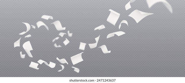 3d fly paper sheet. White page fall swirl on wind. Realistic blank document letter design with blur and chaotic wave creative mockup. Email or ideas on air falling overlay concept. Curl note flight