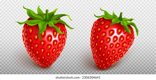 3d fly realistic isolated strawberry fruit icon set on transparent background. Red fresh berry element summer graphic. Seed and stem on whole delicious product clipart. Organic health collection