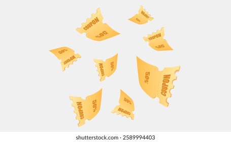 3D fly vouchers Render coupon. Bonus ticket fly. Discount or gift sale label. Benefit or prize tag. Offer free percent. Shop promotion Vector background