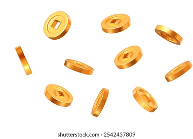 3d voando Antigas moedas de ouro da China em fundo branco isolado. Rico ou conceito de sorte do cassino. Precioso tesouro caro. Ilustração do vetor de estoque.	
